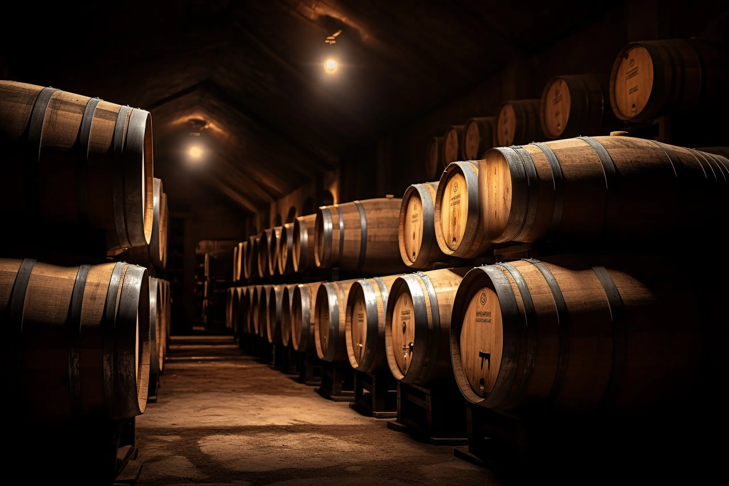A dimly lit wine cellar with rows of wooden barrels, each with metal bands, receding into the background. Warm hanging lights glow along the dark corridor.