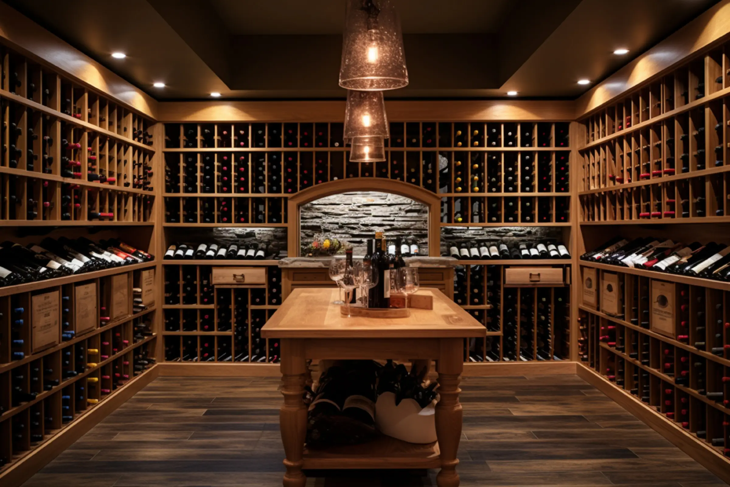 A warm-lit wine cellar with wooden shelves packed with red, white, and sparkling wine bottles on both sides. A glass chandelier hangs above a central wooden table with glassware and bottled wine, framed by an arched doorway at the back.