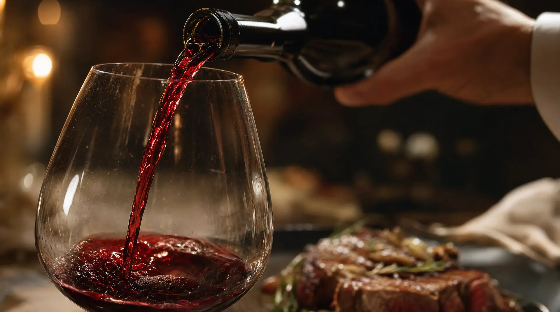 Red wine pours from a bottle into a clear glass with warm restaurant lighting, setting a beginner wine dinner-tasting mood.