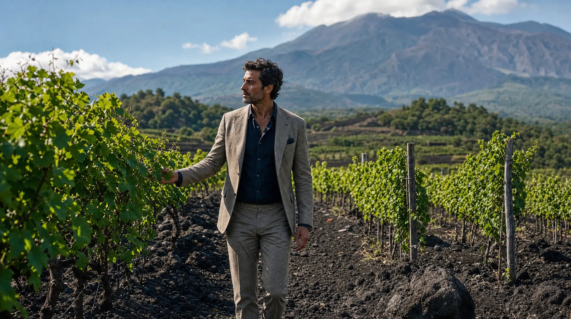 A man walks through sunlit grape rows in a mountainside vineyard during vineyard tours.