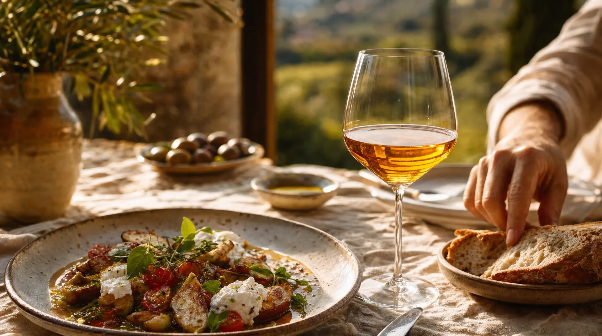 Outdoor table set for aperitif wine tasting with a glass of wine, a cheese boards spread, herbs, bread, and grapes in warm sunlight.