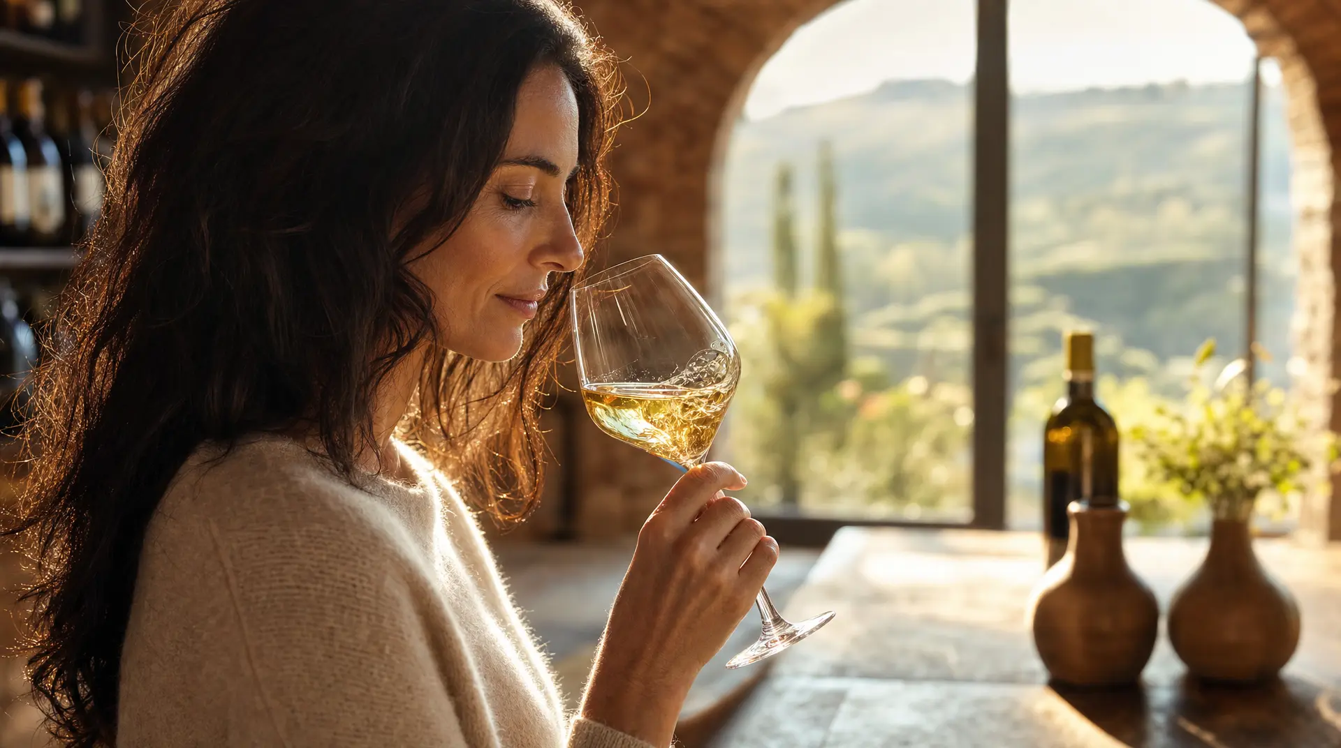 Woman sipping a glass of white wine on a balcony at golden hour, with bottles and a scenic view behind her during wine tasting.