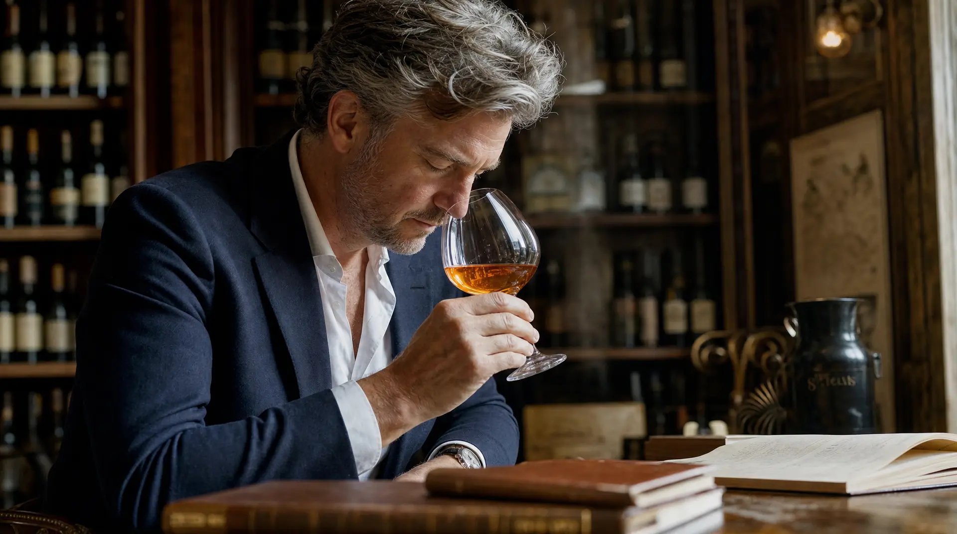 An older sommelier in a dark suit tastes amber wine from a tulip glass while studying notes at a cellar bar lined with bottles, highlighting wine tasting and wine aromas.