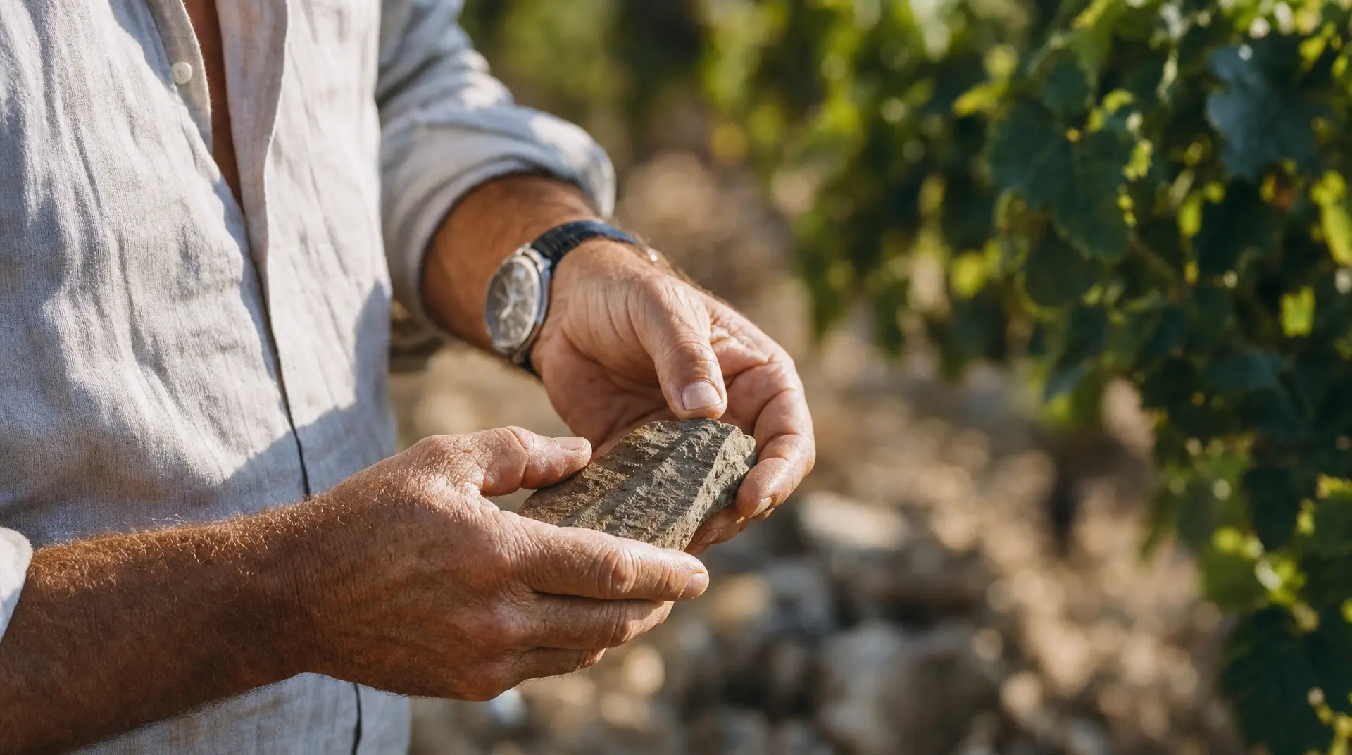 An older vintner's hands gently hold a harvested cluster while working in a sunny vineyard setting, highlighting grape harvesting and slow farming.