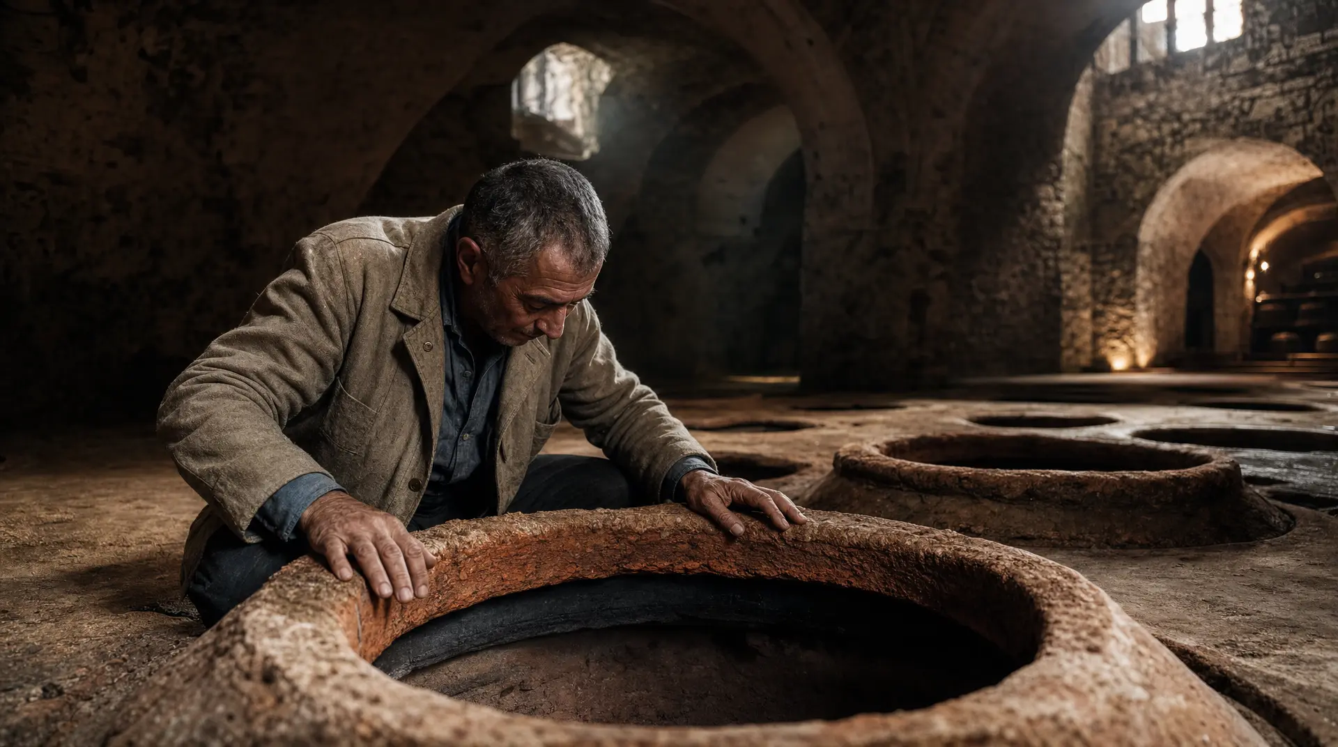 Winemaker in a dim stone cellar checks a large tank used for wine fermentation