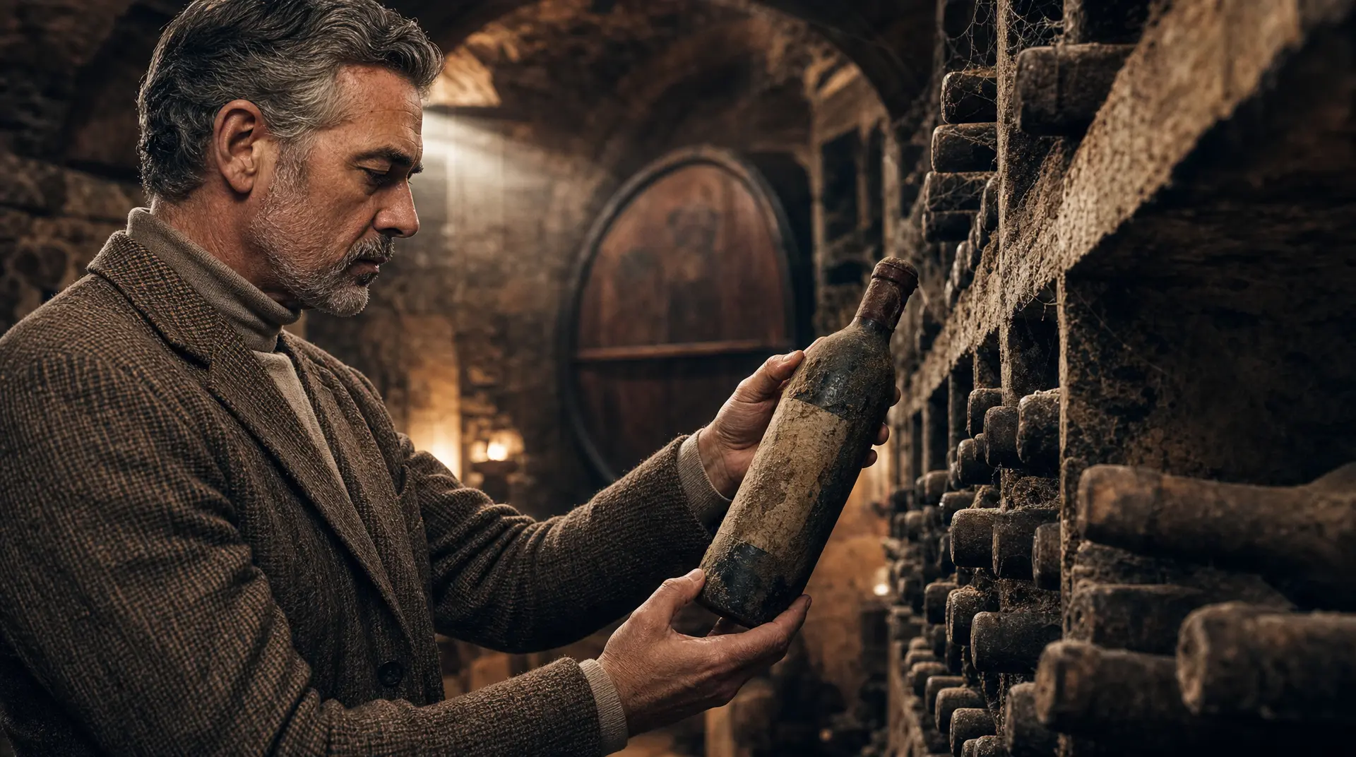 A winemaker inspects a bottle beside barrels in a wine cellar, preparing aged heavy red wines.
