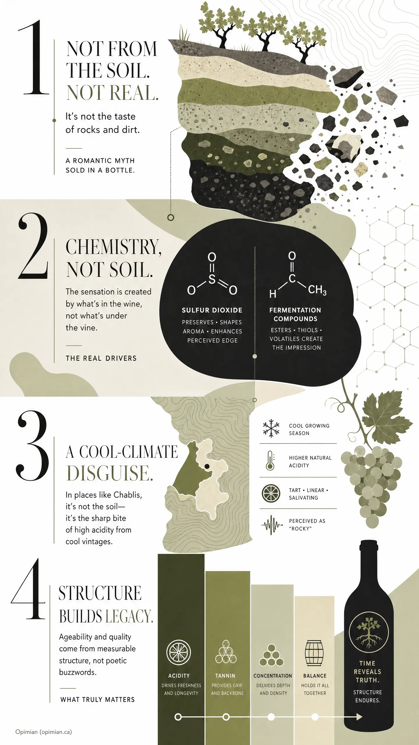 Minimal infographic contrasting "NOT FROM THE SOIL. NOT REAL." with "CHEMISTRY, NOT SOIL," showing "SULFUR DIOXIDE" and "FERMENTATION COMPOUNDS" arrows around a wine-globe diagram and notes like "COOL GROWING SEASON" and "HIGHER NATURAL ACIDITY."