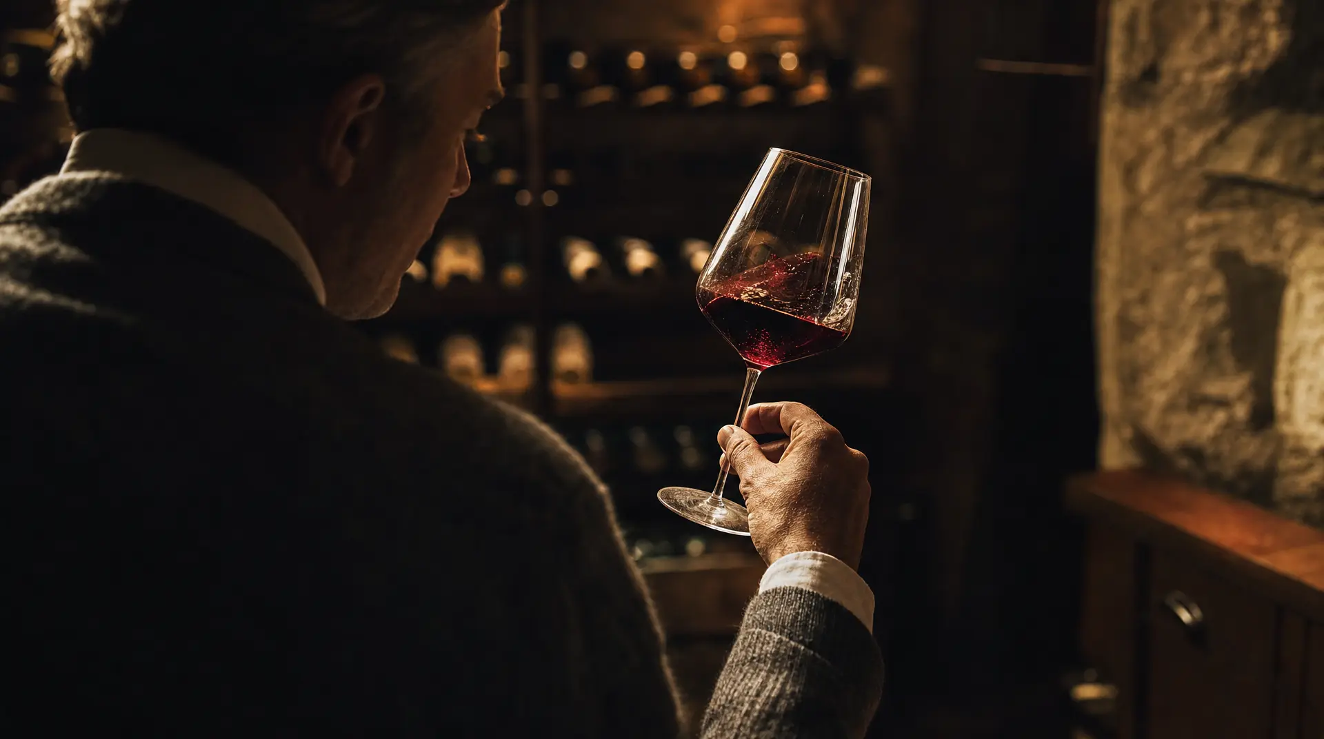 Adult holds a tulip glass of ruby red wine during a celebration wine toast in a stone cellar, facing a blurred rack of bottles.