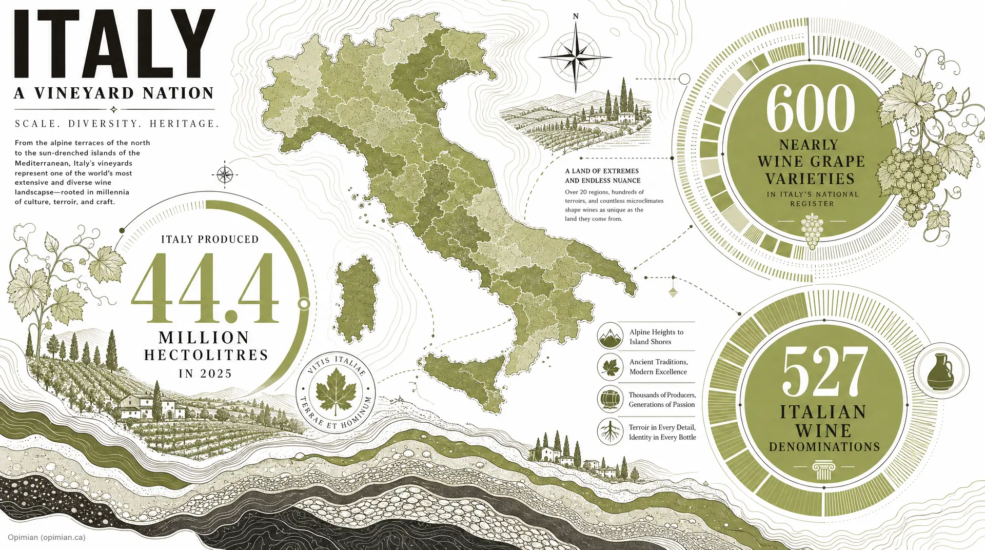 Map-style infographic titled "ITALY A VINEYARD NATION" showing Italy's regions, "600 Nearly Wine Grape Varieties," "527 Italian Wine Denominations," and "444.4 Million Hectolitres in 2025," with grape and vineyard illustrations.