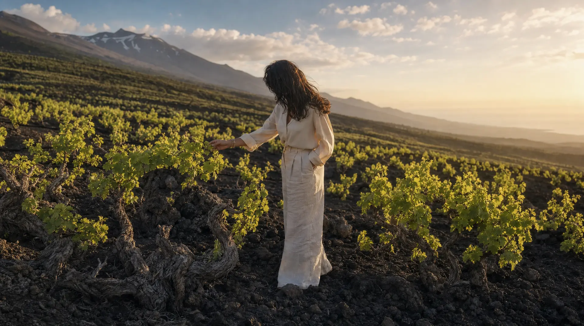 A woman in a white dress stands among vineyard rows at golden sunrise, overlooking mountain slopes and sunlit grapevines as she reaches toward the leaves, capturing wine terroir