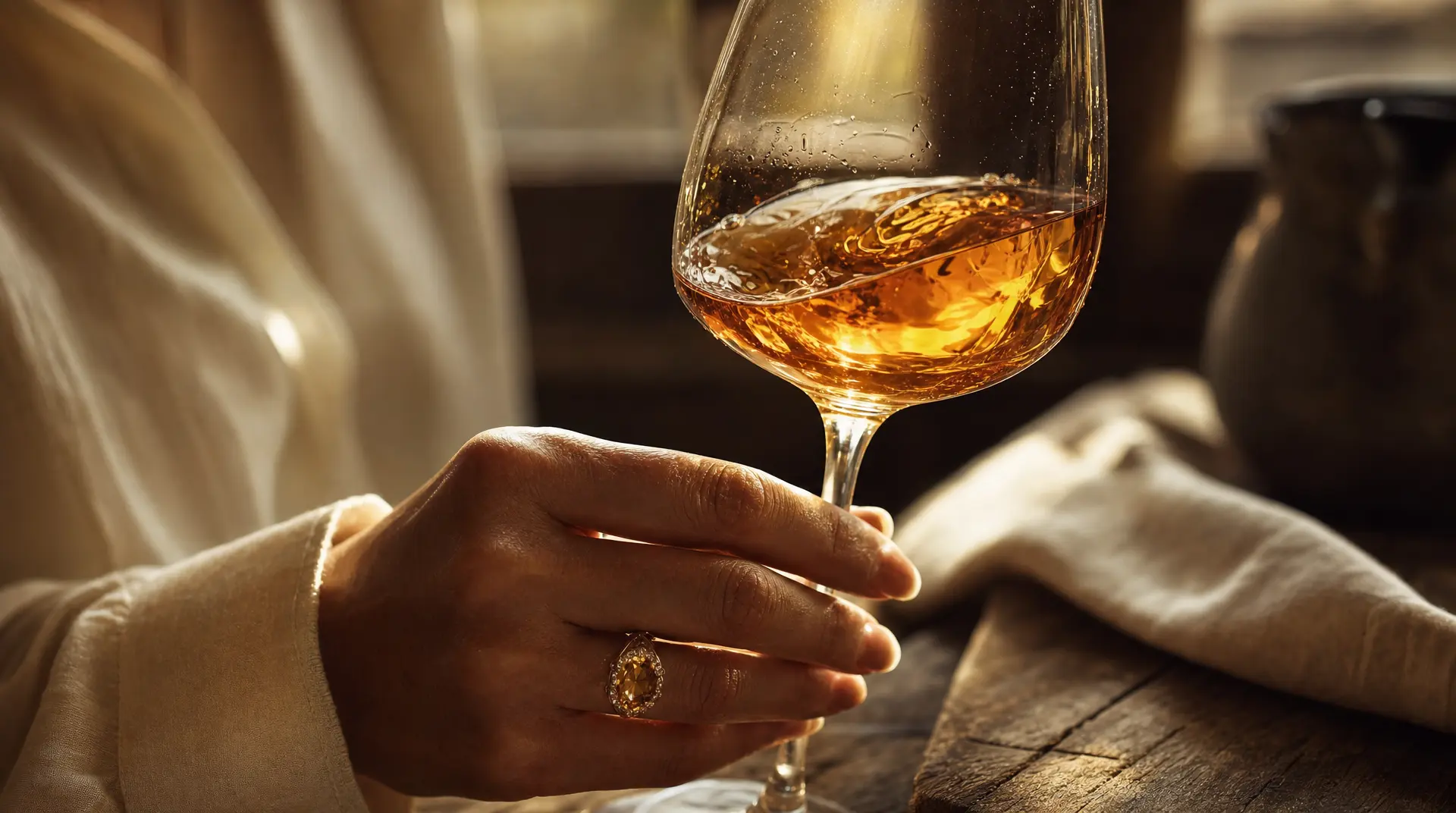 Golden amber wine in a stemmed glass held above a wooden table during accessible wine education without snobbery wine tasting, with warm cellar lighting and a softly blurred background.