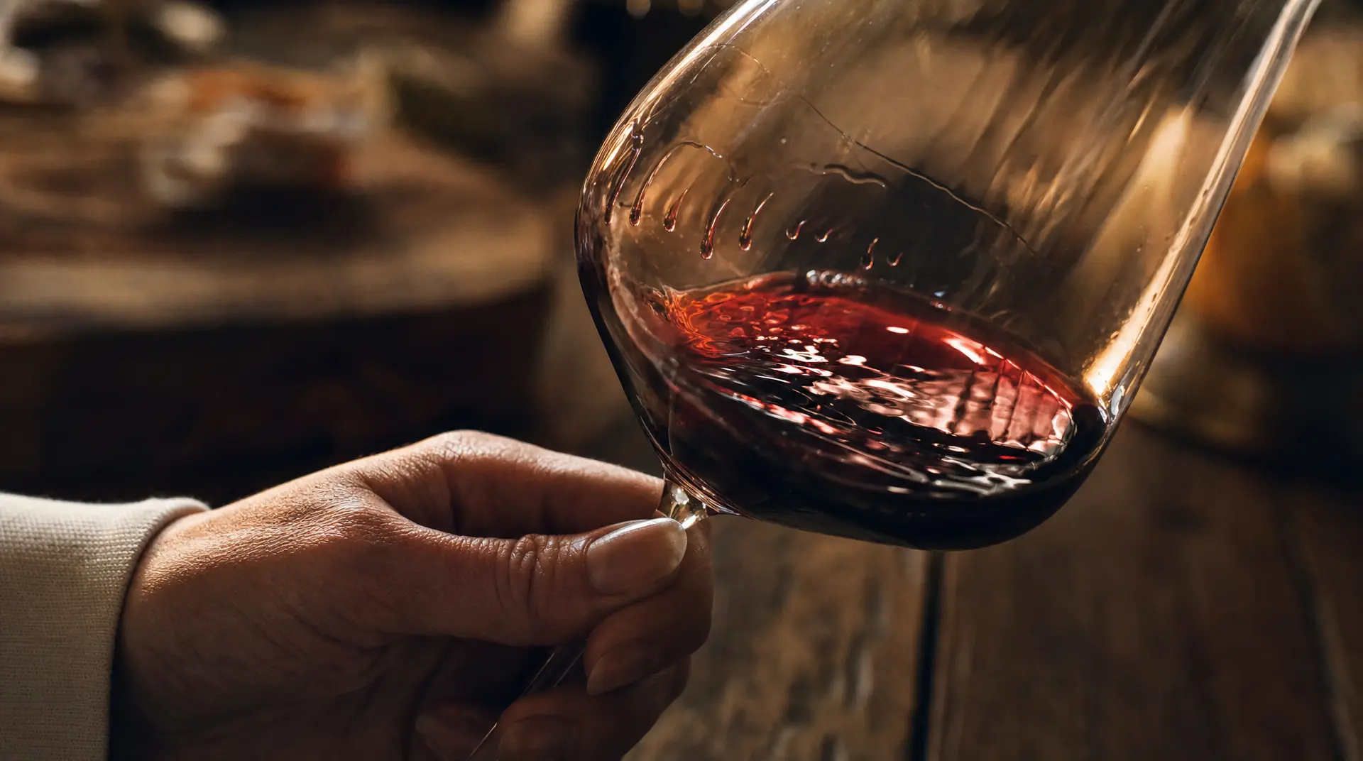 Hand holds a tulip glass of red wine, cellar background softly blurred during wine tasting.