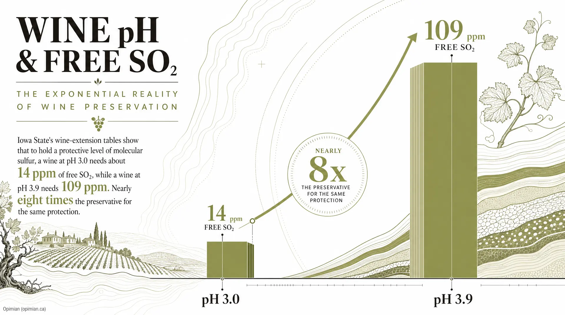Flow chart titled "WINE pH & FREE SO2" shows free SO2 rising from 14 ppm at pH 3.0 to 109 ppm at pH 3.9 for nearly 8x sulfur dioxide protection, with text noting "FREE SO2" and "THE PRESERVATIVE FOR THE SAME PROTECTION".