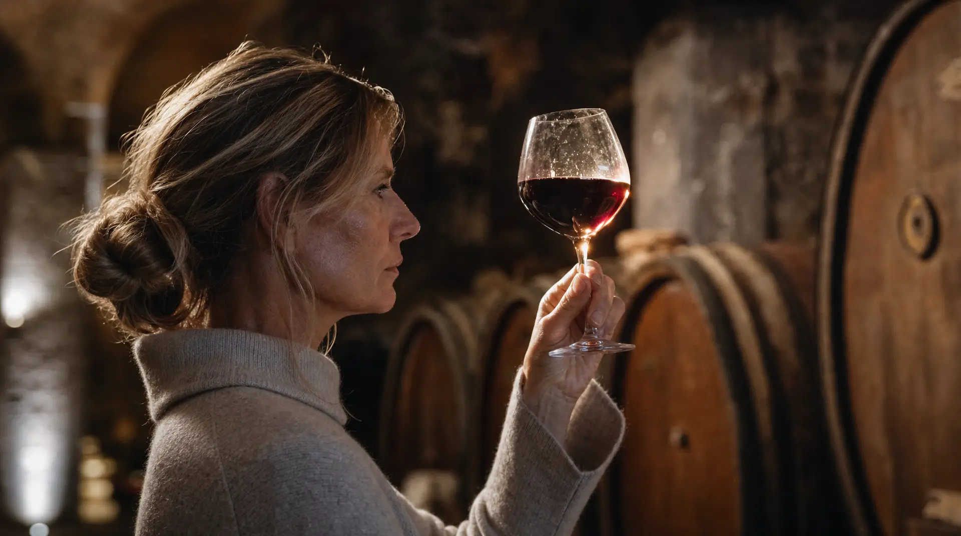 A woman raises a red wine glass in a barrel-lined cellar during accessible wine education without snobbery.