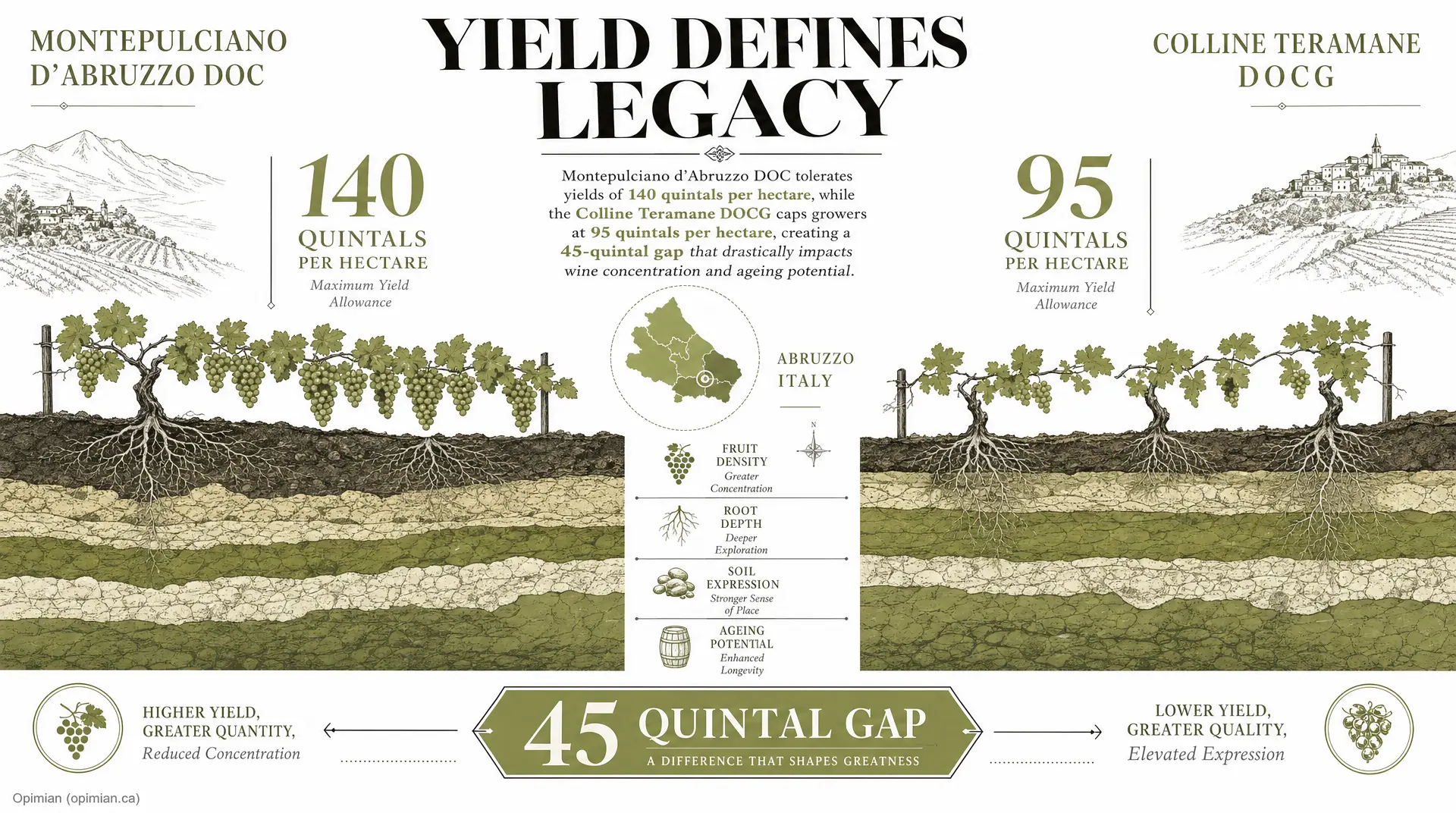 Infographic titled "YIELD DEFINES LEGACY" comparing Montepulciano d'Abruzzo DOC (140 quintals per hectare) versus Colline Teramane DOCG (95 quintals per hectare) and highlighting the "45 quintal gap," with a vineyard root/soil diagram in an Abruzzo, -