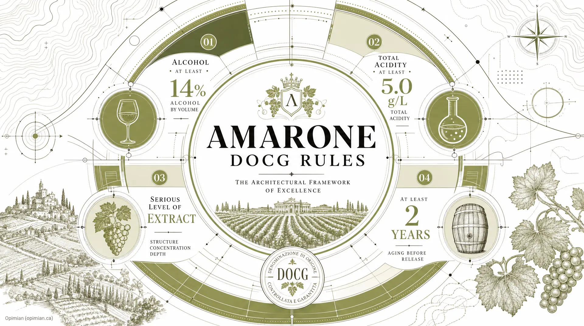 AMARONE DOCG RULES infographic with sections showing alcohol at least 14% by volume, total acidity at least 5.0 g/L, serious level of extract concentration depth, and aging before release of at least 2 years, set over a vineyard blueprint design.