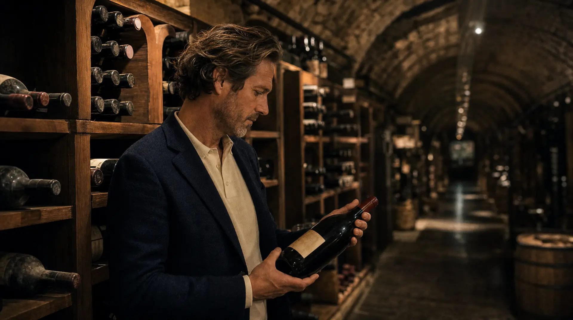 Winemaker in a wine cellar inspects a bottle, surrounded by rows of corked bottles in wooden racks.