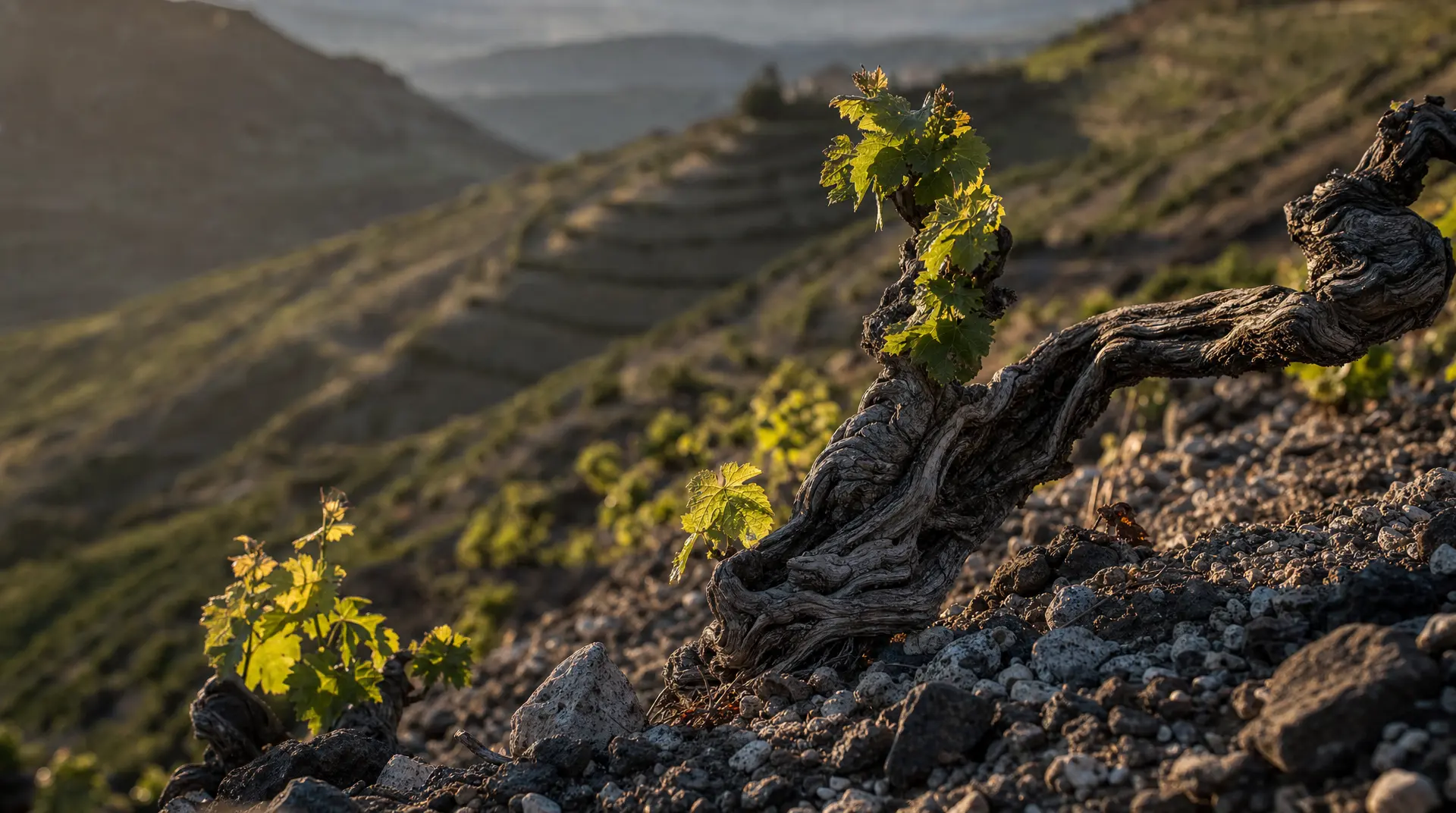 Gnarled grapevine trunk with fresh green-yellow leaves growing from rocky soil, with terraced hills and distant mountains softly blurred in the background, highlighting wine terroir.