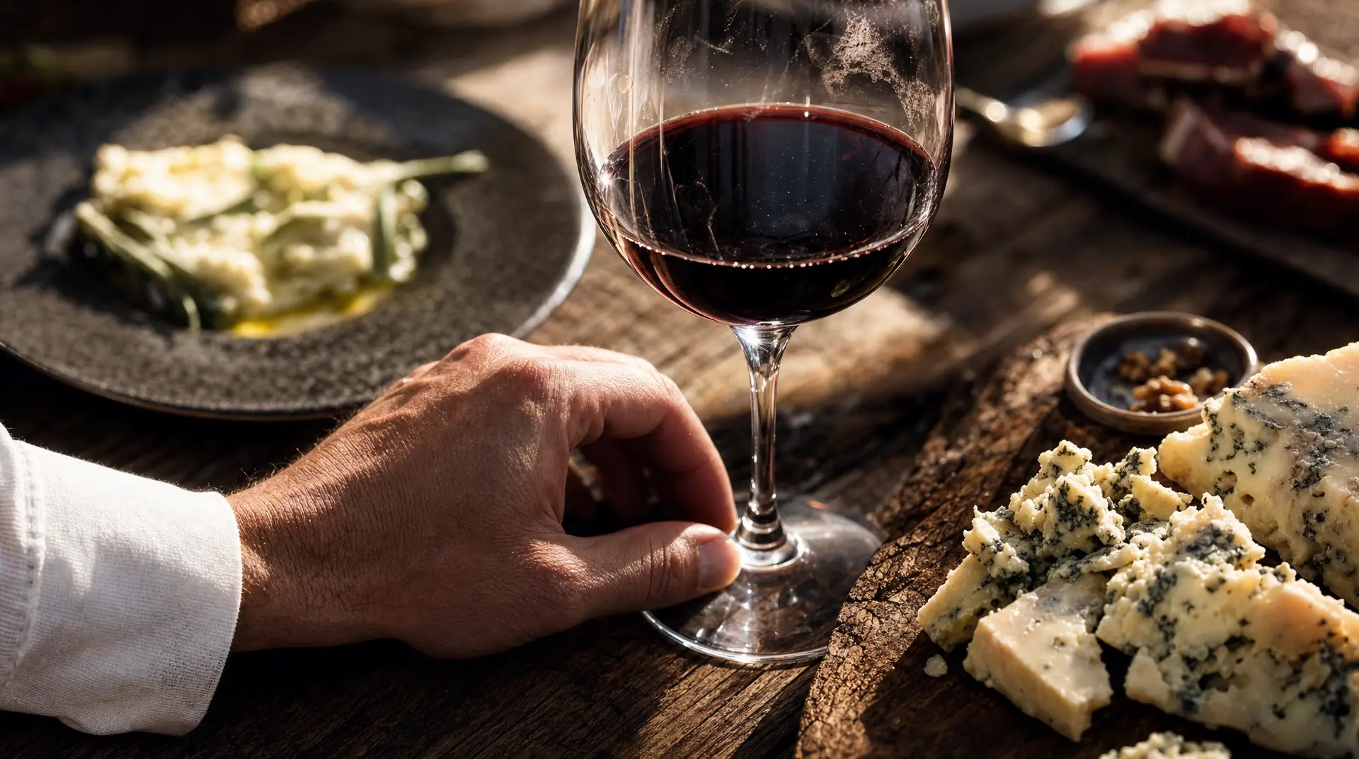A hand holds a stemmed glass of red wine while aged cheese with herbs sits on a rustic wooden board, set for wine and cheese pairing and aged cheese wine.
