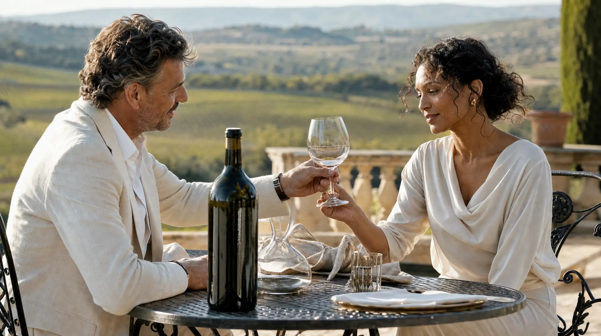 Two people clink wine glasses at an outdoor table with a bottle, during wine tasting.