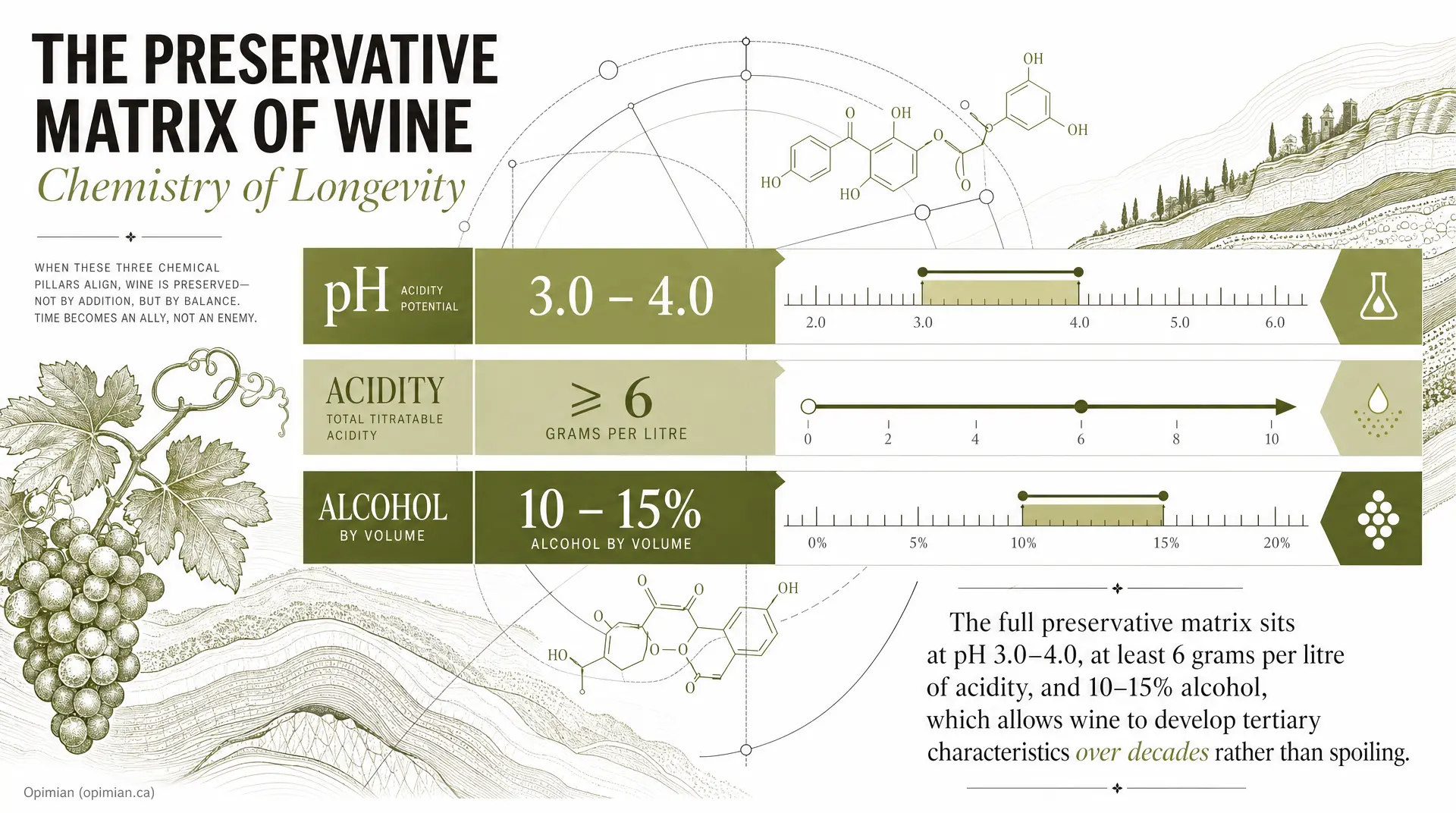 Infographic titled "THE PRESERVATIVE MATRIX OF WINE Chemistry of Longevity" showing pH 3.0 - 4.0, ACIDITY (total titratable acidity > 6 grams per litre), and ALCOHOL (10 - 15% by volume) as the wine acidity target.